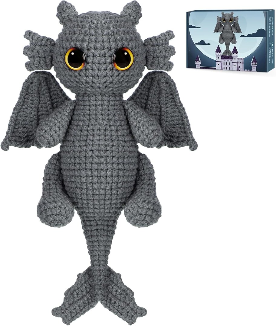Beginner Crochet Kit For Adults & Kids - Black Dragon Amigurumi Kit With Extra Yarn & Video Tutorials